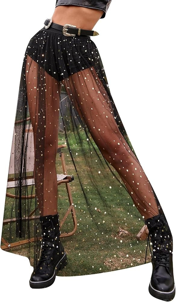 Floerns Women's 2 in 1 Lace Sheer Mesh High Waist Galaxy Print A Line Maxi Skirt | Amazon (US)