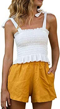 Women's Frill Smocked Crop Tank Top Tie Shoulder Strap Vest(S-XXL) | Amazon (US)