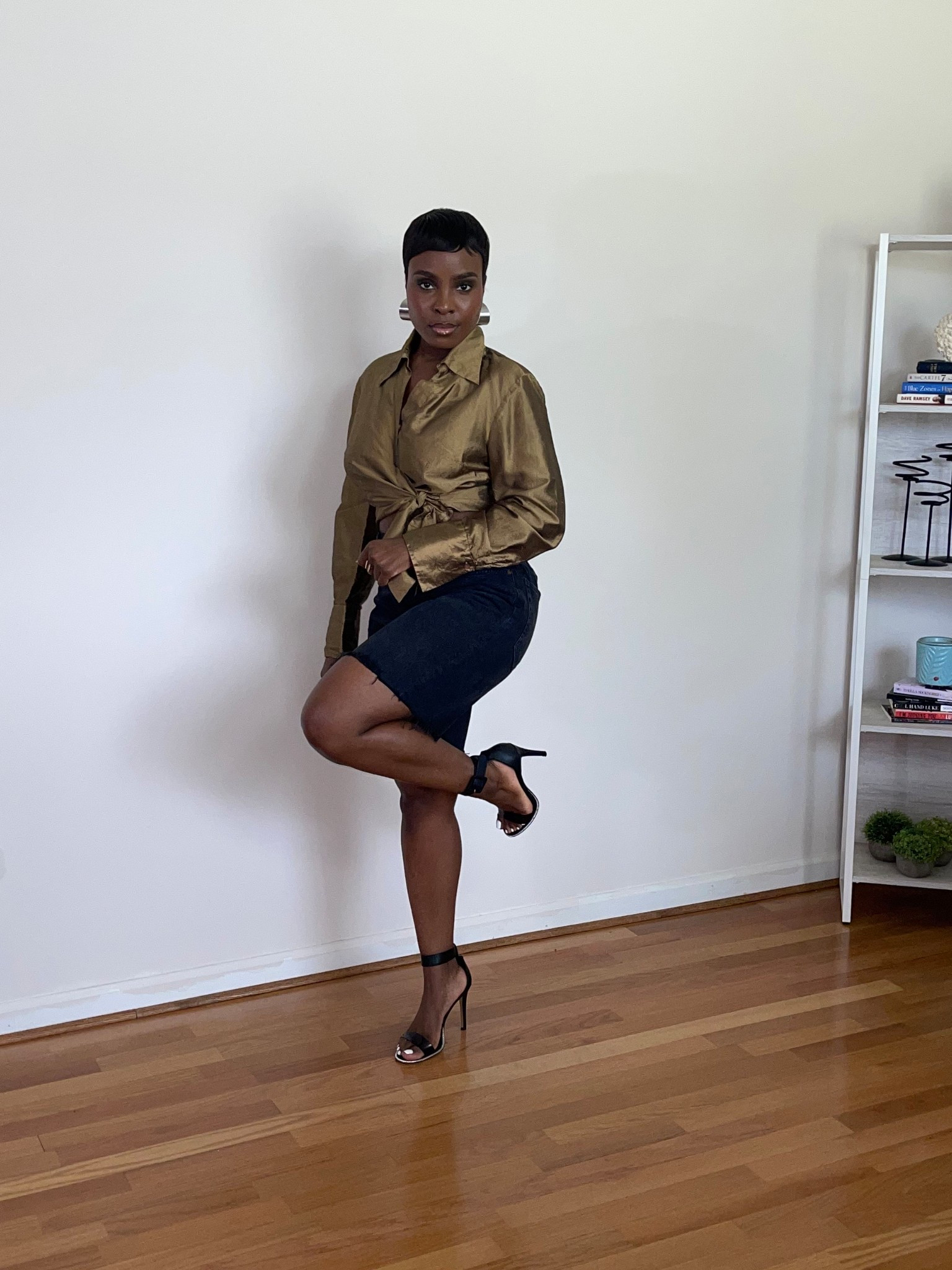 Bronze blouse, Agolde jeans, Bermuda shorts, black denim Jen shorts, square toe strappy black sandal, edgy summer outfit

#LTKSeasonal #LTKSummerEdit #LTKStyleTip