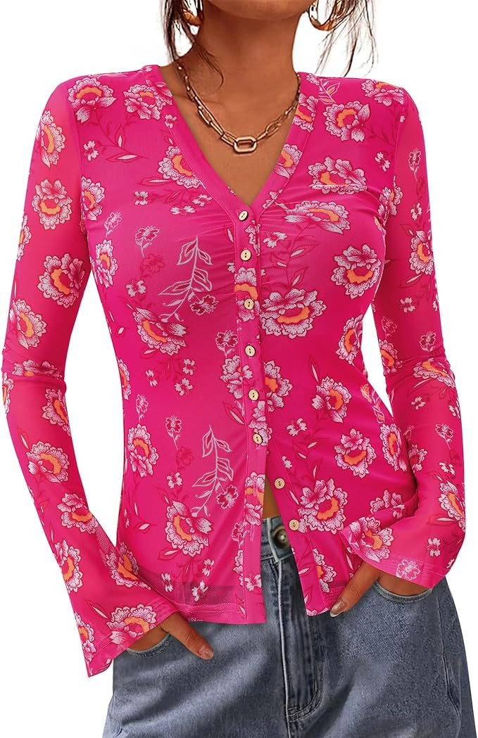 BTFBM Button Down Shirts for Women 2026 Spring Boho Tops V Neck Long Sleeve Blouses Ruched Mesh F... | Amazon (US)