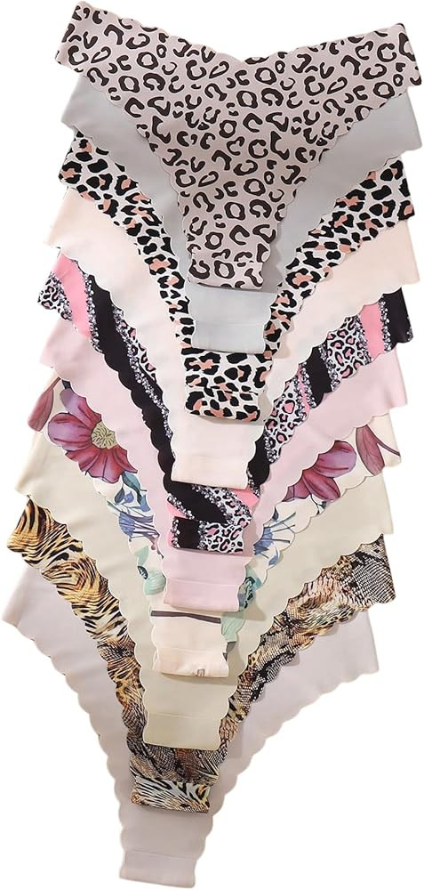 Women's 10 Pack Thongs Set Leopard Print Seamless Brief Floral Scallop Mid Rise No Show Panty Set | Amazon (US)
