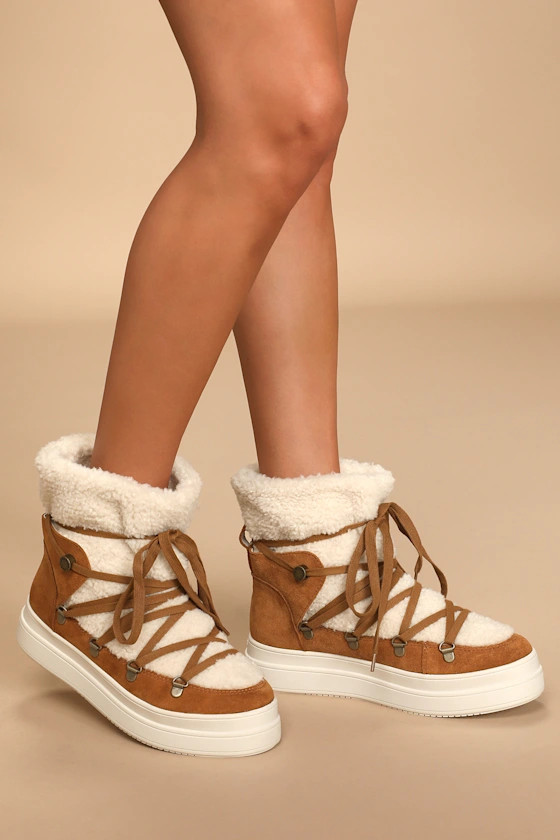 Newbie Tan Suede Leather Faux Fur Platform Boots | Lulus (US)