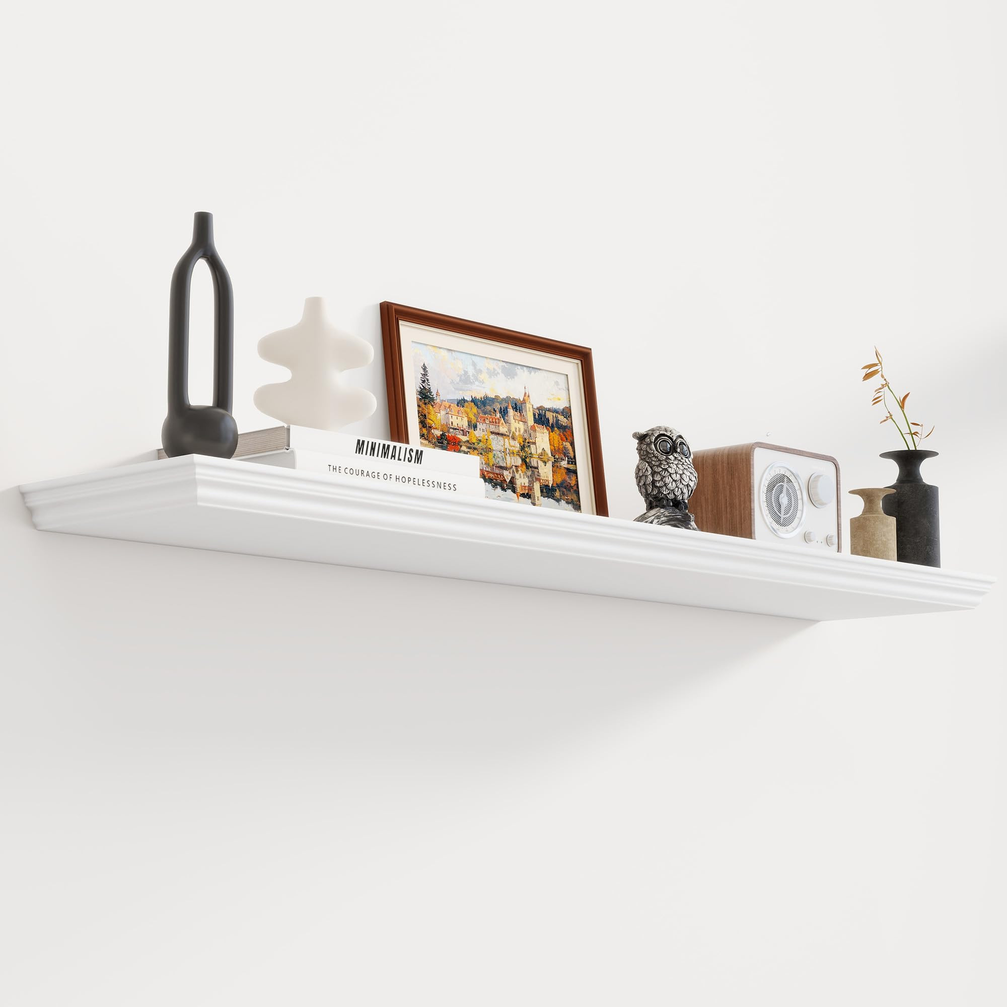 Fun Memories Floating Shelves 48 Inch Long, 9.3 Inch Deep Classic Crown Molding Floating Shelves for Wall, Rustic Wooden Shelves for Wall Decor Bathroom, Kitchen, Office, (White, 1Pack) | Amazon (US)