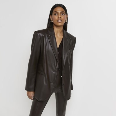 Brown faux leather oversized blazer | River Island (UK & IE)