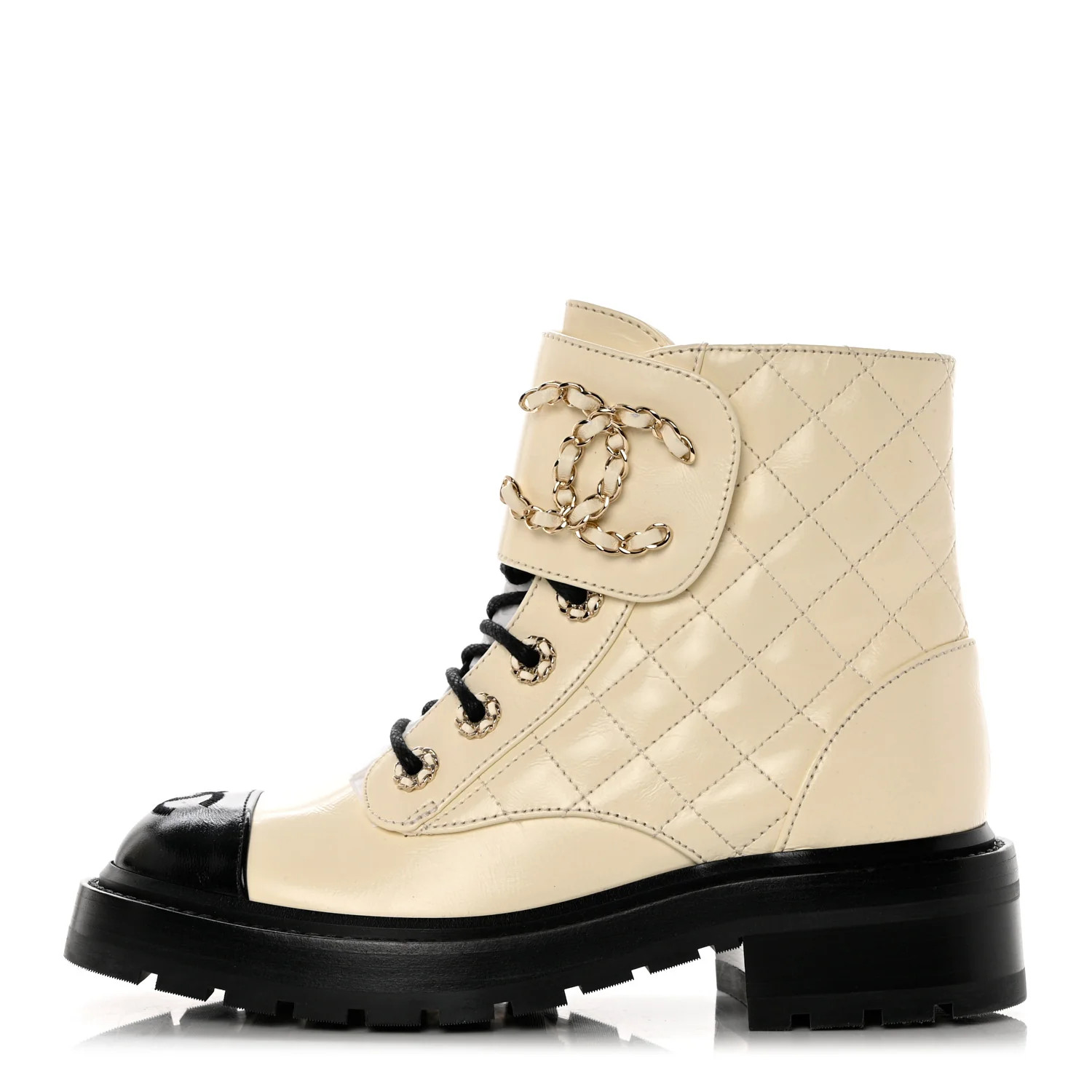 Shiny Lambskin Quilted Lace Up Combat Boots 35 Ivory Black | FASHIONPHILE (US)