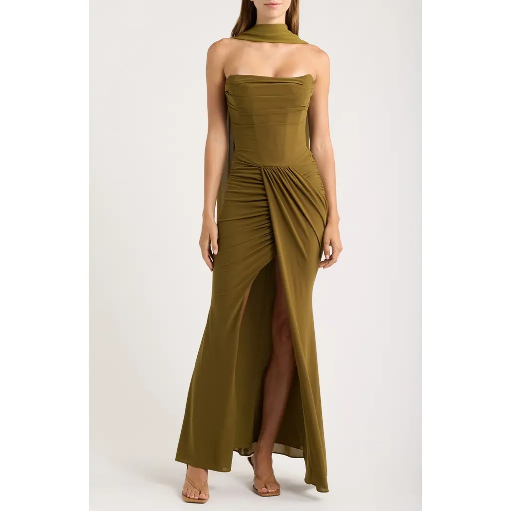 HOUSE OF CB Portia Strapless Crepe Gown & Georgette Scarf Set in Olive at Nordstrom, Size X-Large | Nordstrom