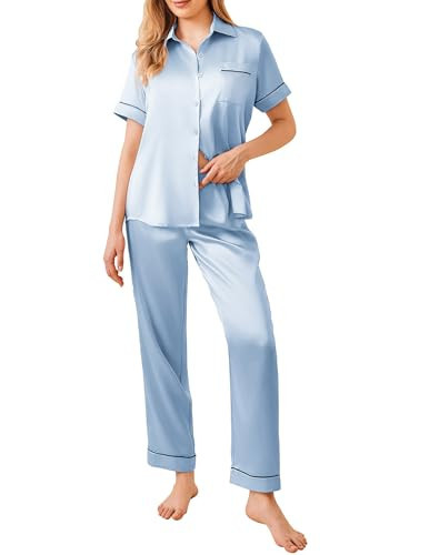 Ekouaer Womens Satin Pajamas Set Silky Button Up Shirt with Long Pants Pjs Cozy Sleepwear Light Blue S | Amazon (US)
