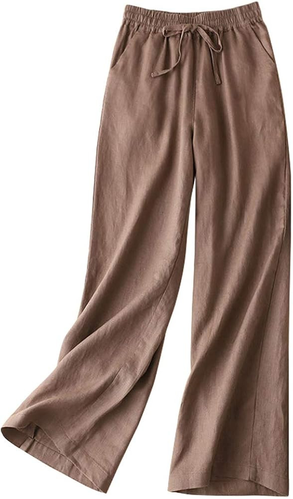 IDEALSANXUN Womens Linen Pants Spring Summer Straight Leg Loose Fit Beach Pants with Drawstring | Amazon (US)