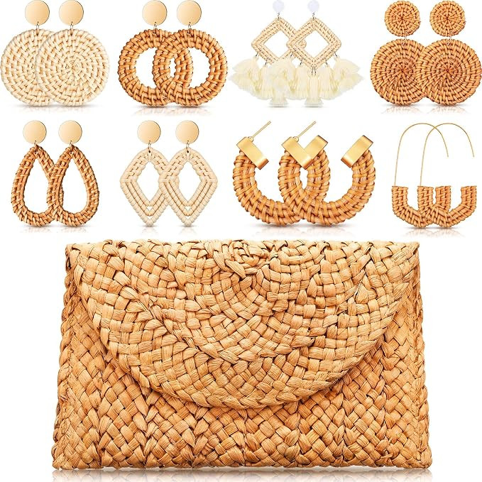 Straw Bags Woven Summer Clutch Purses Crossbody Shoulder Handbag Bag with 8 Pairs Rattan Boho Ear... | Amazon (US)