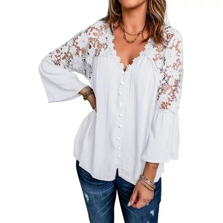 Dokotoo Women s White Blouses Lace Crochet V Neck Bell Sleeve Button Down Shirts Casual Loose Tops S | Walmart (US)