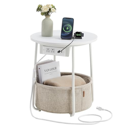 VASAGLE LILEA Collection - Side Table with Charging Station, Round End Table with Fabric Basket, Nightstand with USB Ports, for Living Room, Bedroom, Modern, Matte White and Camel Brown ULET228W01 | Amazon (US)