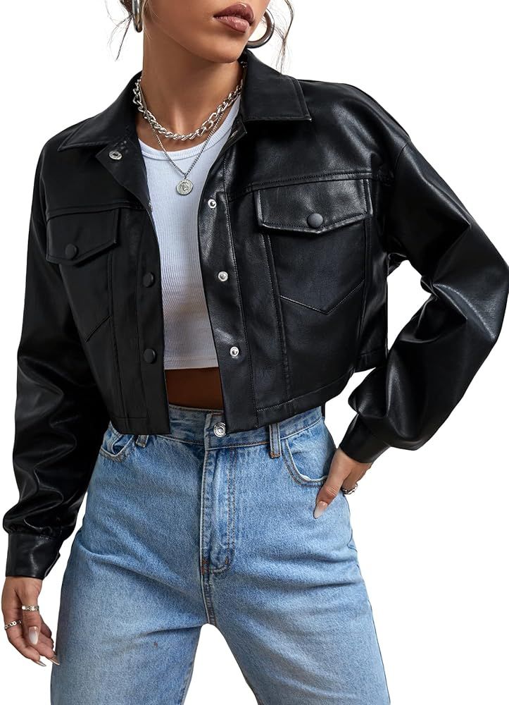Women's Faux Leather Crop Jacket Button Down Pocket Cropped Motorcycle Jacket | Amazon (US)