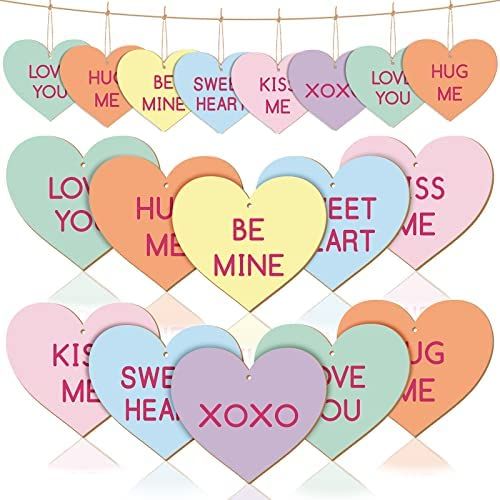 Whaline 36Pcs Valentine's Day Wooden Hanging Ornaments Conversation Heart Shaped Wooden Embellish... | Amazon (US)