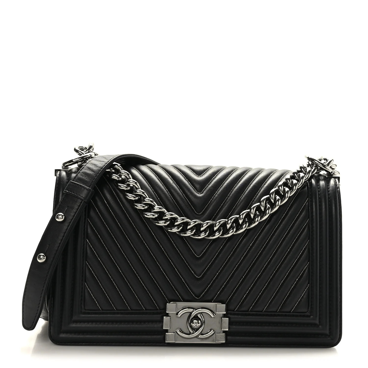 Chanel Calfskin Chevron Quilted Medium Chain Boy Flap Black | FASHIONPHILE (US)