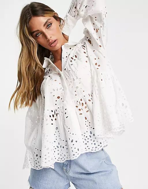 ASOS EDITION broderie trapeze shirt in white | ASOS (Global)