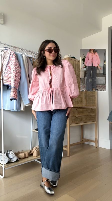 Recreating Pinterest outfits from Amazon & love this one! Found the cutest pink tie top (reminds me of the Ganni top for $$) paired with wide leg Levi’s. These jeans fit so nice & so worth the $$. Added a little silver pair of ballet flats for a modern touch :)

Sizing:
Top - M
Pants - 29
Both true to size!

#LTKFestival #LTKSeasonal #LTKVideo