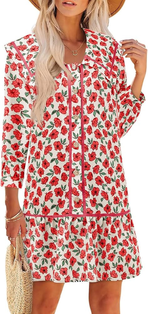 Wenrine Womens Casual Shirt Dresses 3/4 Long Sleeve Floral Button Down Flowy Babydoll Fall Mini D... | Amazon (US)