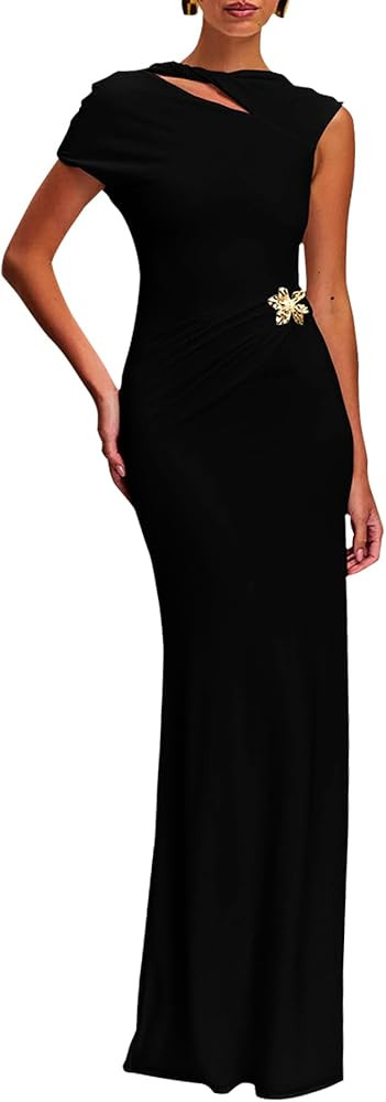 Women Sexy Backless Maxi Dress Cap Sleeve Hollow Out Crew Neck Solid Slim Fit Long Dresses with G... | Amazon (US)