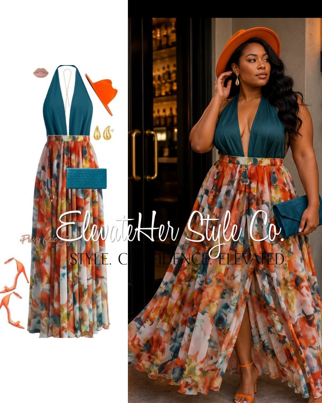 When your dress features multiple colors, choose accessories that pull from the print instead of competing with it. The teal clutch complements the bodice, while the orange heels and hat echo the floral tones for a perfectly coordinated look. Finish with delicate gold jewelry to keep the outfit elegant and balanced.

#LTKmomlife #LTKootd #LTKWedding