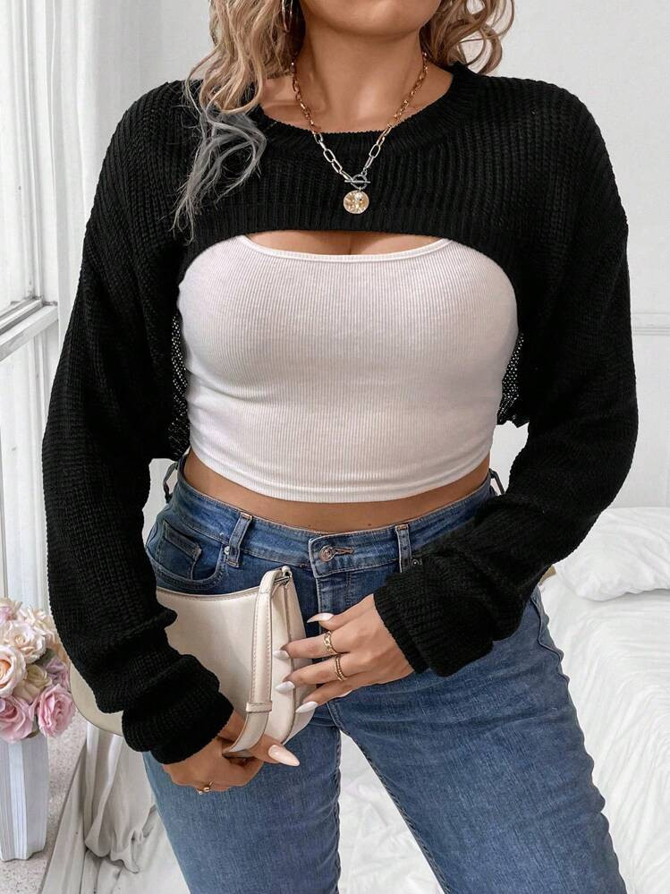 SHEIN Essnce Plus Size Women's Spring Asymmetrical Round Neck Loose Casual Short Knitted Top, Asy... | SHEIN