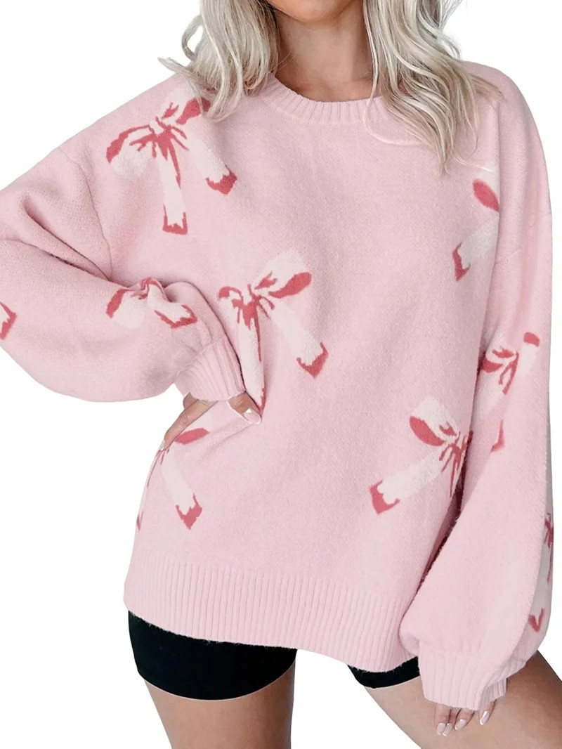 Womens Oversized Cute Bow- Tie Sweater Spring Cozy Chunky Ribbed Knit Crewneck Long Sleeve Pullov... | Walmart (US)