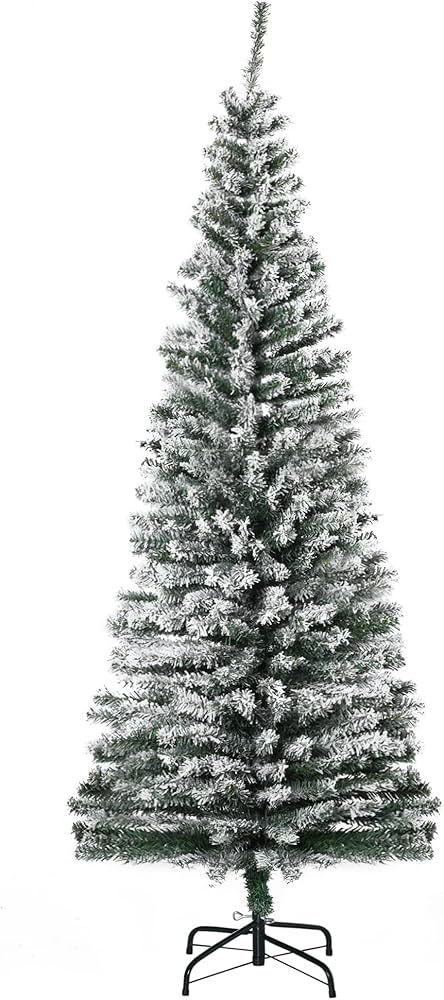 HOMCOM 6' Tall Unlit Snow-Flocked Slim Artificial Christmas Tree with Realistic Branches and 492 ... | Amazon (US)