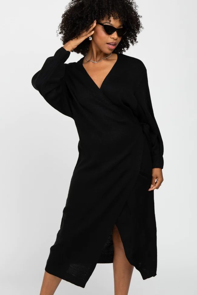 Black Wrap Sweater Knit Midi Dress | PinkBlush Maternity