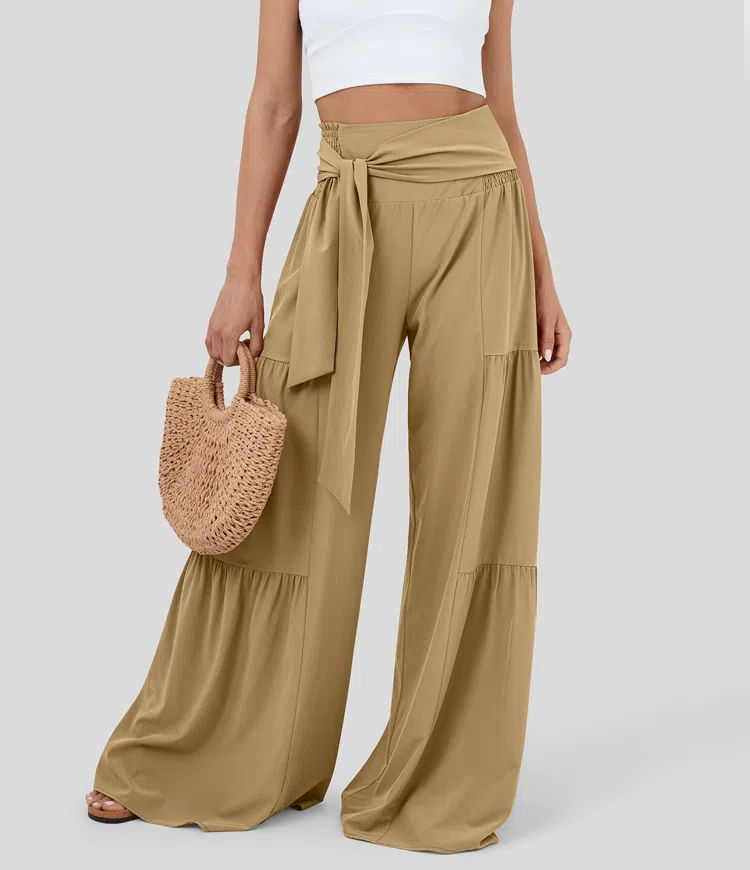 Breezeful™ High Waisted Shirred Tie Front & Back Plicated Wide Leg Flowy Quick Dry Casual Pants | HALARA