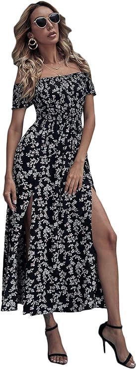 Floerns Women's Boho Floral Print Off Shoulder Split Long A Line Dress | Amazon (US)