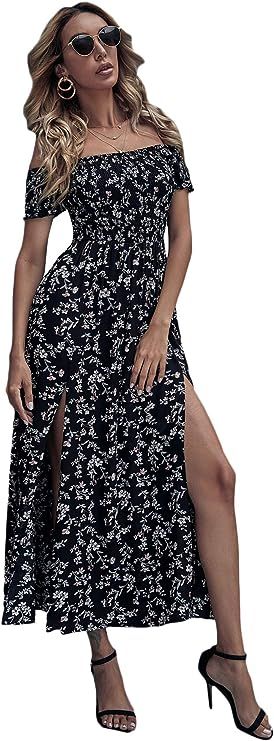 Floerns Women's Boho Floral Print Off Shoulder Split Long A Line Dress | Amazon (US)