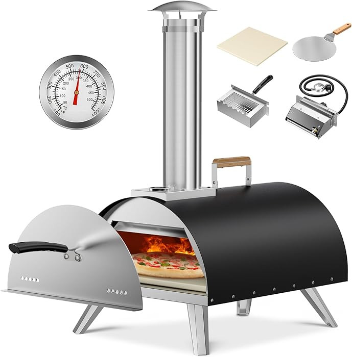 Multi-Fuel Pizza Oven Outdoor, 12" Portable Wood and Gas Fired Pizza Oven with Thermometer,Gas Ho... | Amazon (US)
