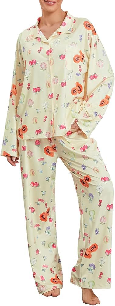 Y2K Women Pajama Outfit Strawberry/Floral Print Long Sleeve Button Down Collar Shirt Pants 2 Piec... | Amazon (US)