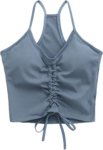 Womens Longline Sports Bra Workout Tank Tops Padded Drawstring Yoga Crop Top Built in Bras Fitness G | Amazon (US)
