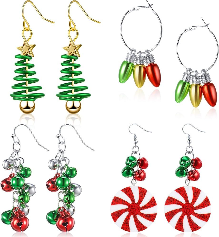 4 Pairs Christmas Dangle Earrings Set Christmas Bell Light Bulbs Hoop Earrings Christmas Tree Ear... | Amazon (US)
