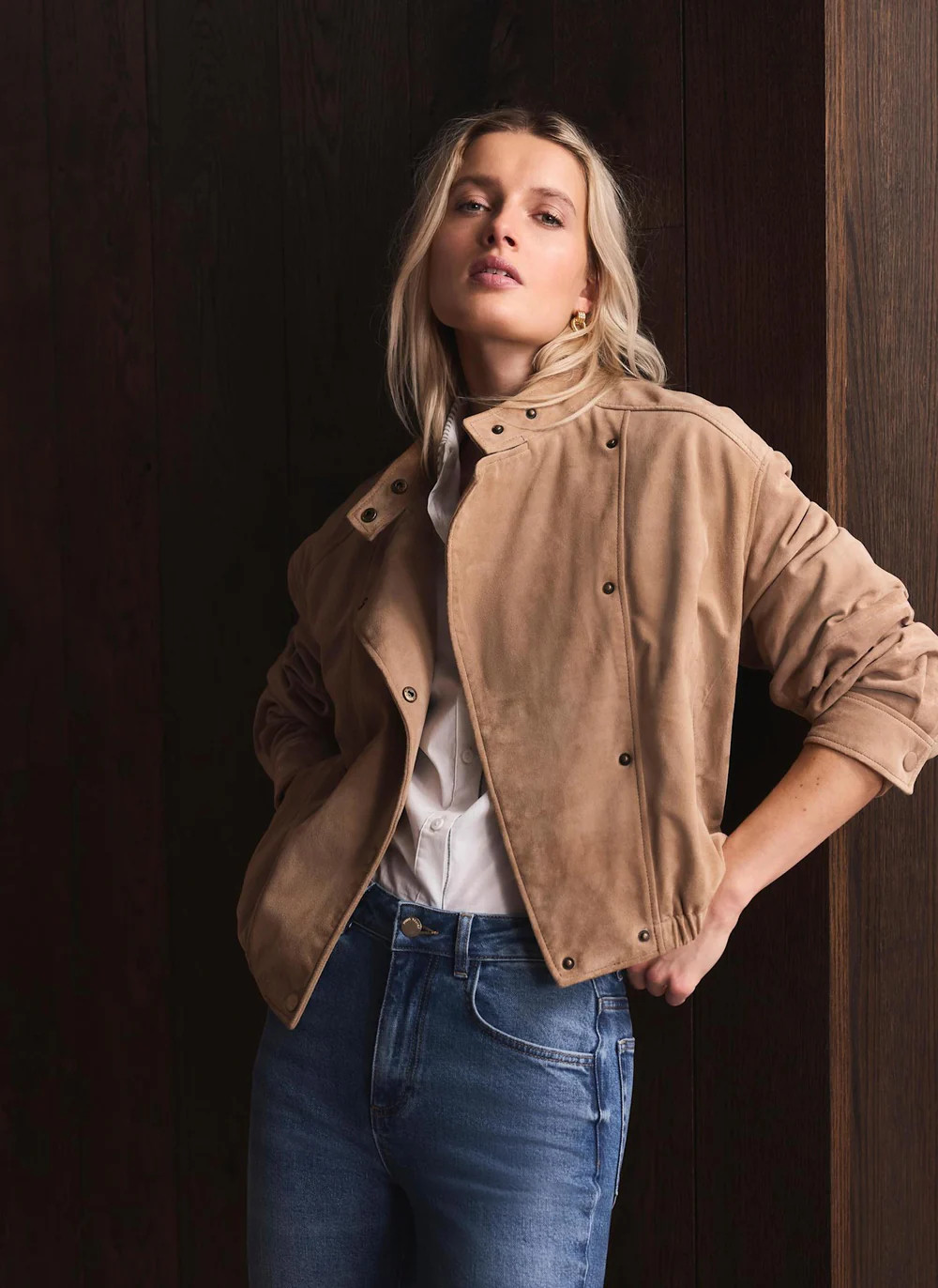 Neutral Suede Cropped Pilot Bomber Jacket | Mint Velvet