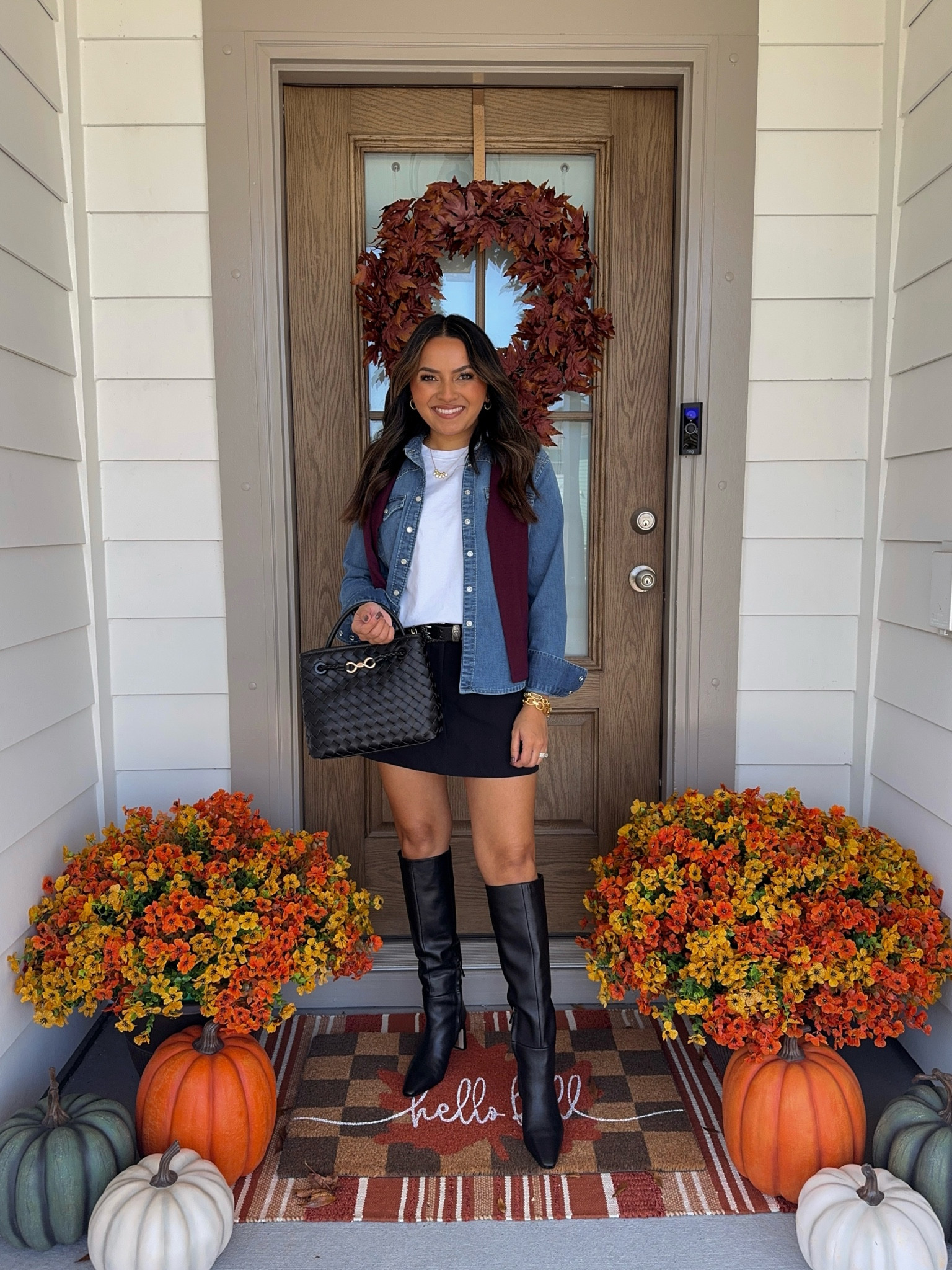 Burgundy long sleeve top size XS TTS 
White tee size XS petite TTS 
Denim shirt size XS petite TTS
Black belt size XS TTS
Black skort is size small - usually size 2/26, I have a little room in the waist
Black boots size 5 TTS 

Fall outfit 
Fall style
Fall dress 
Fall fashion 
Thanksgiving outfit 
Christmas outfit 
Holidays 

Honey Sweet Petite 
Honeysweetpetite 

#LTKStyleTip #LTKHoliday #LTKSeasonal