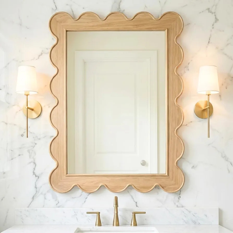 CAALMA Scalloped Wall Mirror 24 x 36 Rectangular, Bathroom Mirror, Mirrors for Wall Decor, Wooden... | Amazon (US)