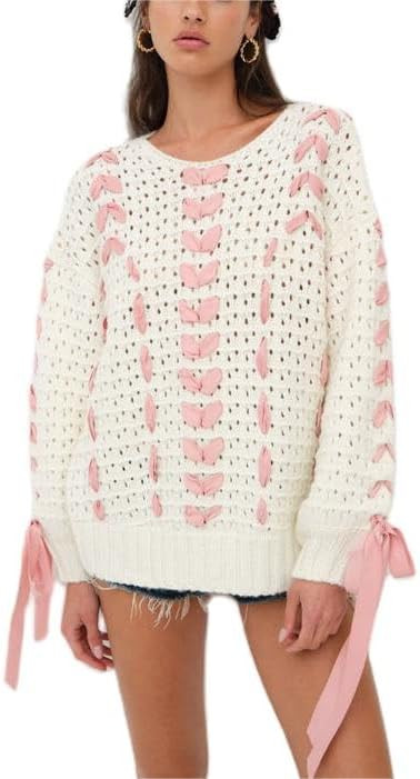 Women's Y2K Crop Cardigan Long Sleeve V-Neck Satin Ribbon Lace Up Bow Dec Sweater Pullover Button... | Amazon (US)