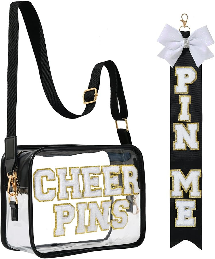 CHEER PINS Bag & PIN ME Ribbon Set – Clear Cheerleading Competition Bag with White Chenille Let... | Amazon (US)