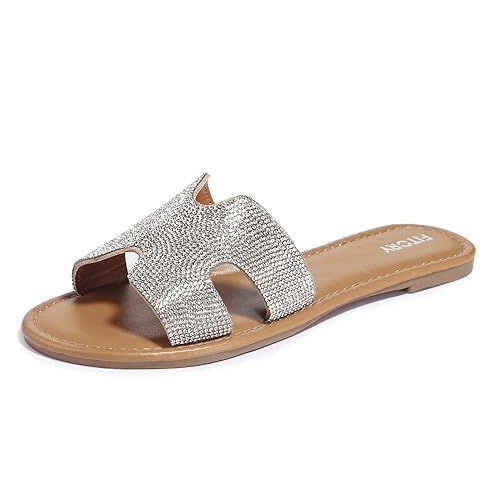FITORY Womens Flat Sandals Slides Rhinestones Slip On Outdoor Shoes Size 6-11 | Amazon (US)
