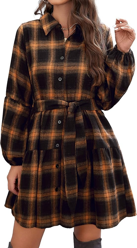 Blooming Jelly Womens Plaid Dresses Flannel Babydoll Dress Casual Tunic Dress Long Sleeve Fall Dr... | Amazon (US)