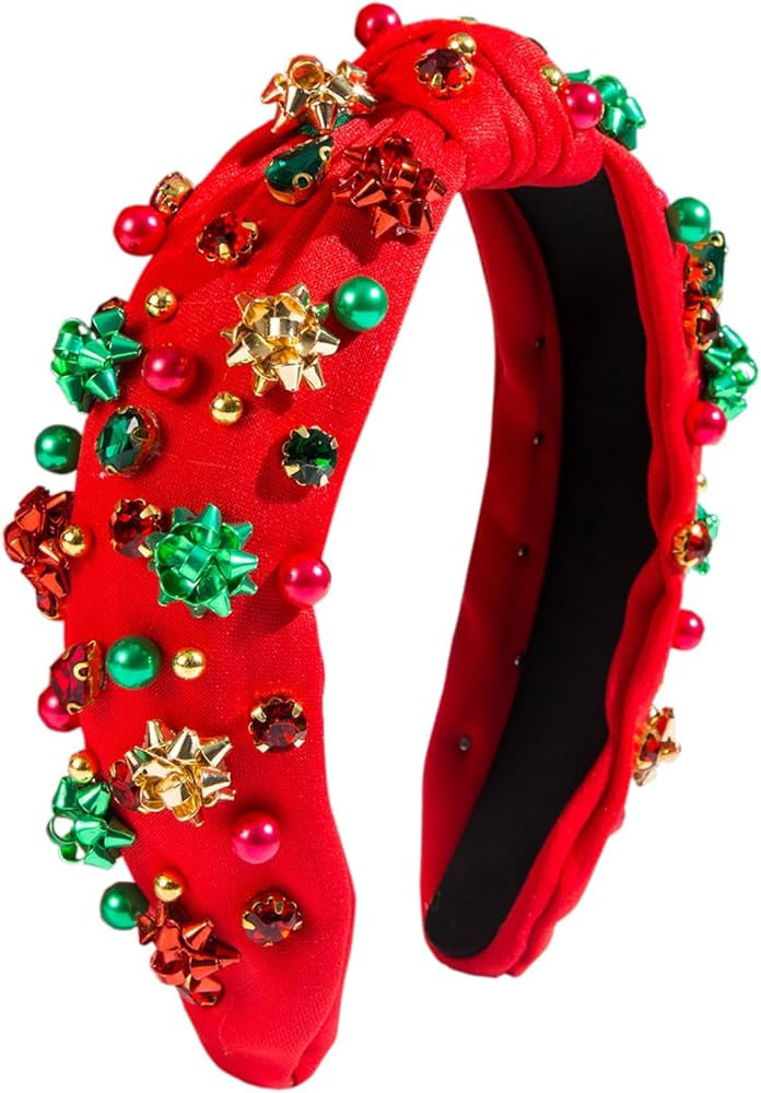 TULOBI Christmas Headband for Women Knotted Headband Xmas Red Green Pearls Rhinestone Crystal Jew... | Amazon (US)
