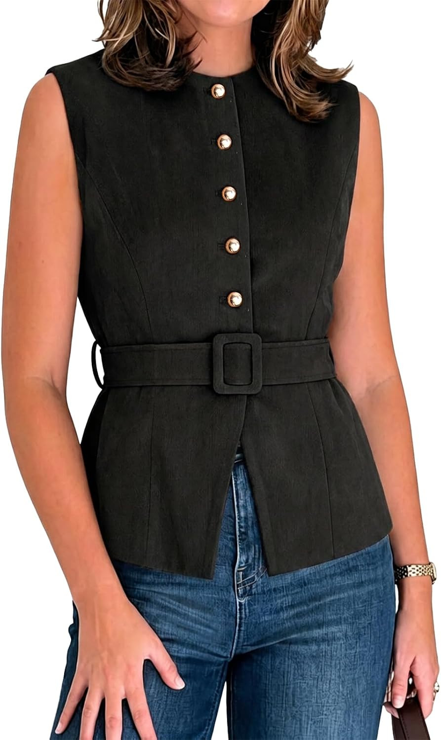 Cicy Bell Women Suede Button Down Vest Crew Neck Fitted Tank Tops With Belt | Amazon (US)
