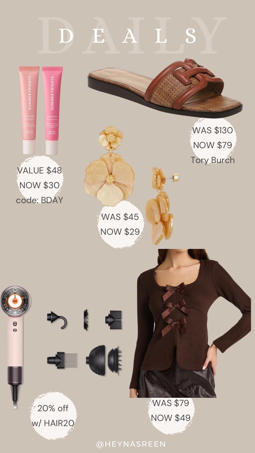 Daily deals on Summer Fridays lip balm duo, Tory Burch sandals, Nordstrom earrings, ASTR the Label top, Dyson hair dryer 