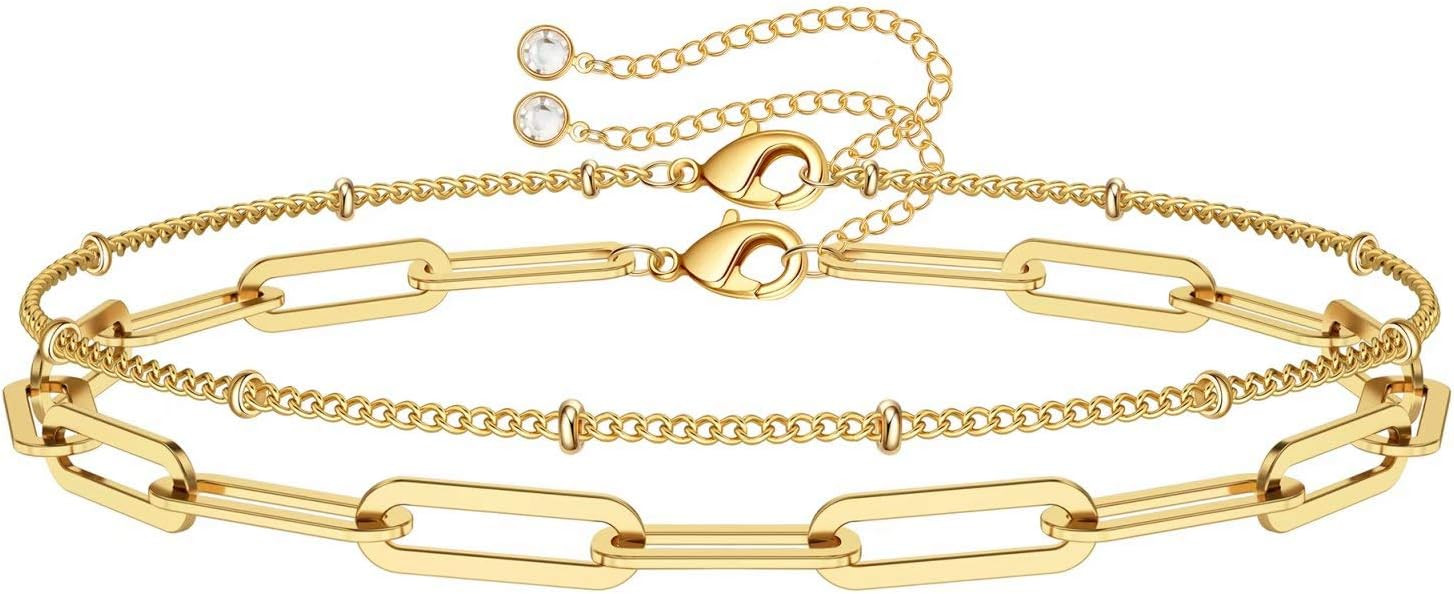 Dainty Gold Bracelets for Women, 14K Gold Plated Adjustable Layered Beads Bracelet Cute Evil Eye Oval Chain Pearl Bar Turtle Gold Bracelets for Women Jewelry | Amazon (US)