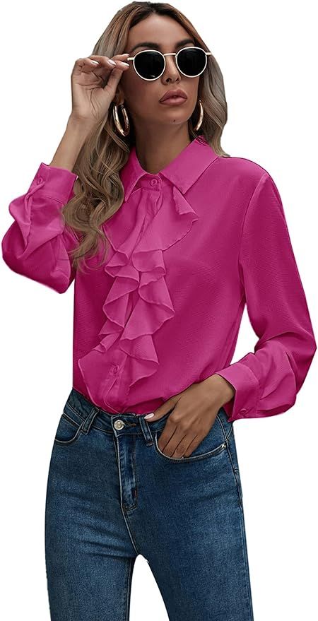 SheIn Women's Long Sleeve Button Down Lotus Ruffled Work Shirt Chiffon Blouse Tops Hot Pink Small... | Amazon (US)
