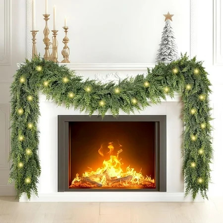 Grinzy 9FT Christmas Cedar Garland with Lights, Realistic Soft Faux Cedar Garlands,Thickness Pine Garland for Home Fireplace Mantle Table Stair Handrail, Indoor Outdoor Christmas Decorations | Walmart (US)