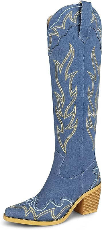 Knee High Cowboy Cowgirl Boots for Women, with Unique Embroidery, Side Zipper and Chunky Heel Des... | Amazon (US)