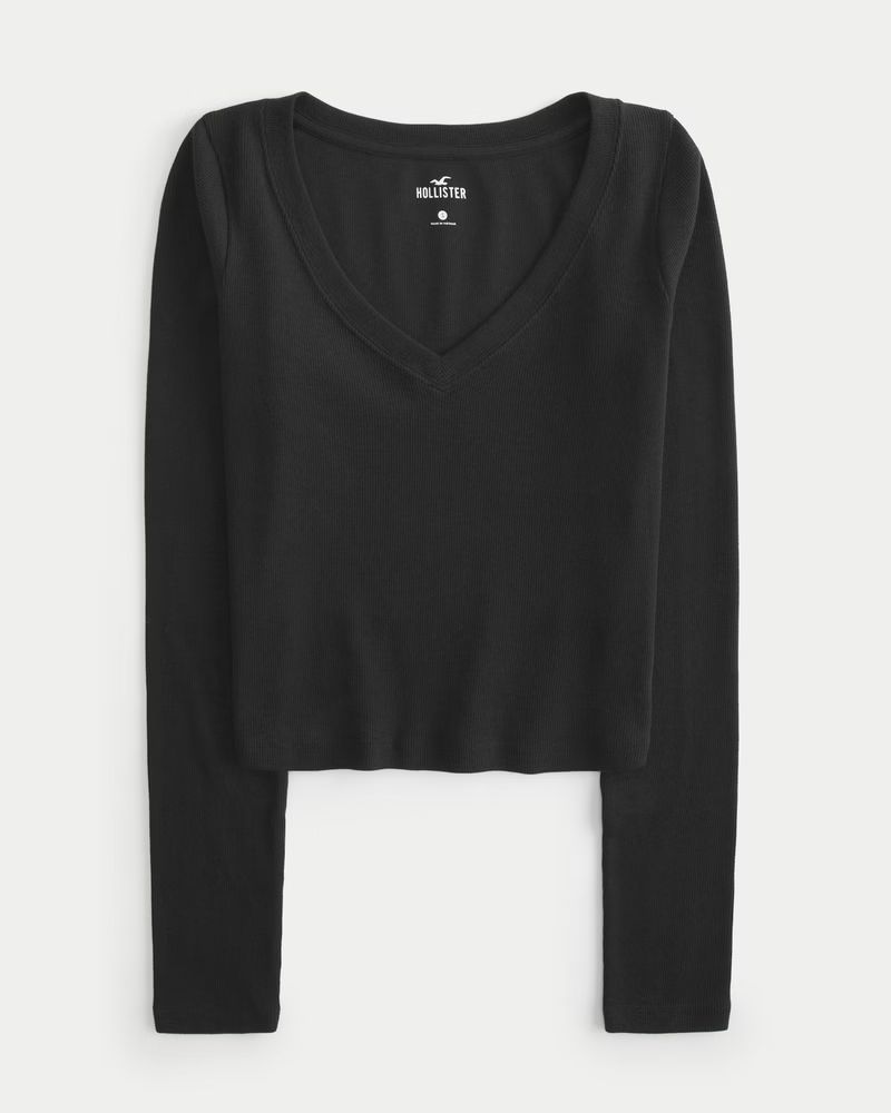 Ribbed Long-Sleeve V-Neck T-Shirt | Hollister (US)