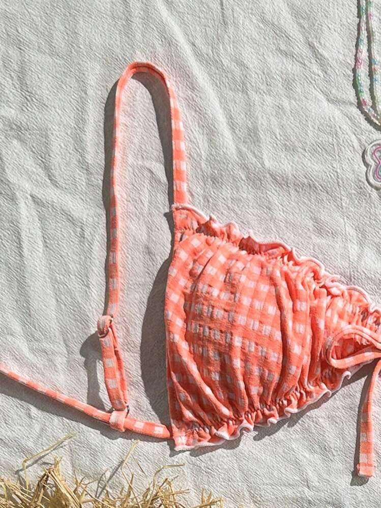 Swim Mod 2pcs Textured Fabric Ruffled Front Tie Bow Waist Pleated Cute Sweet Fashion Lively Party... | SHEIN